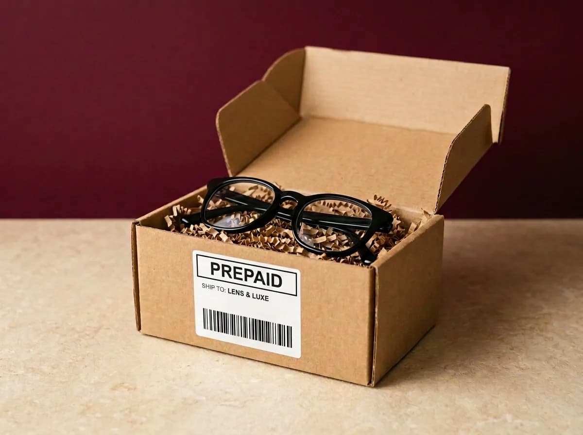 A customer's own eyeglasses packed in a small box, ready to ship to us