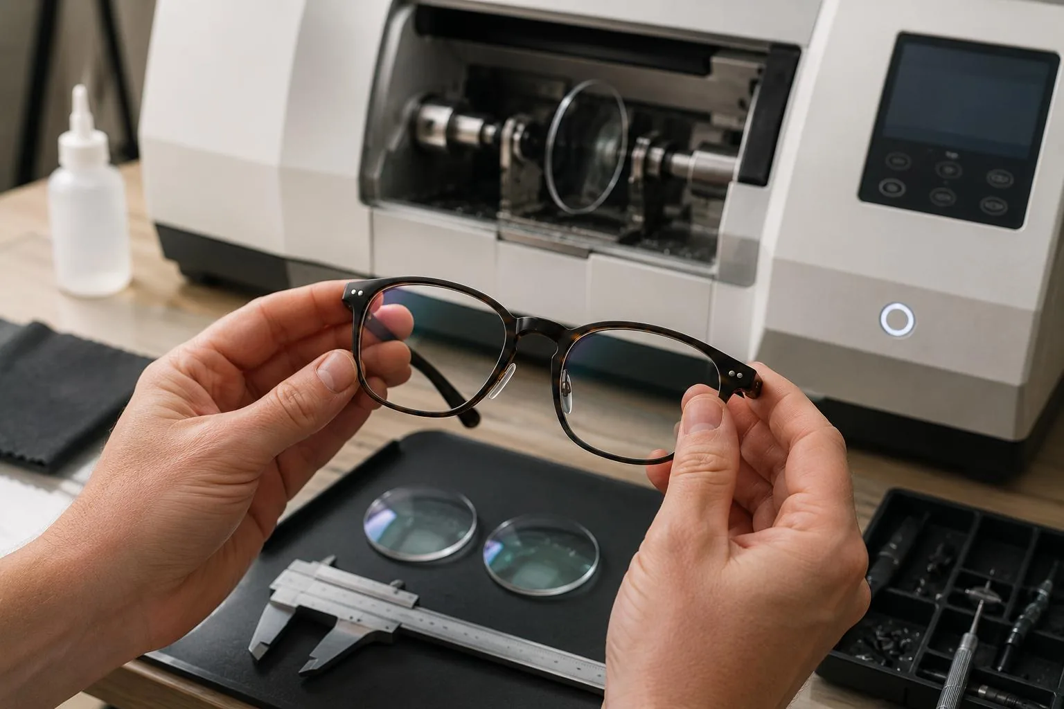 An optician holding a frame in front of the lens edger